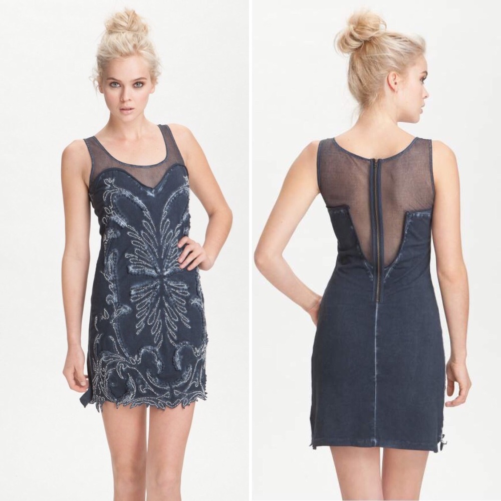 Free People Navy Blue Embroidered Mesh Mini Dress
